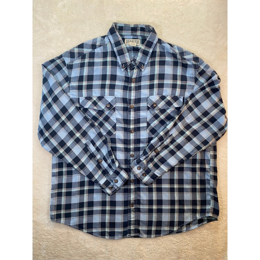 Duluth Trading Co Mens XL Blue Plaid Flannel Long Sleeve Button Down Work Shirt
